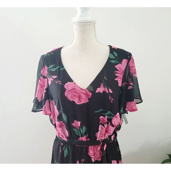INC International Concepts Pink Black Floral Faux Wrap Midi Flutter Dress 10 M - Picture 3 of 16